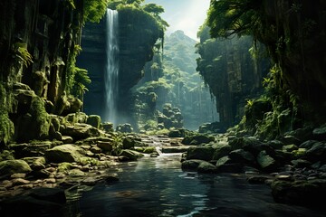 minimalistic design waterfall in a tropical jungle - obrazy, fototapety, plakaty