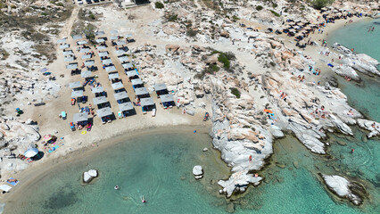 Aerial drone photo of famous small organised beach with unique rock formations of Kolimbithres or...