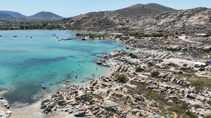 Aerial drone photo of famous small organised beach with unique rock formations of Kolimbithres or...