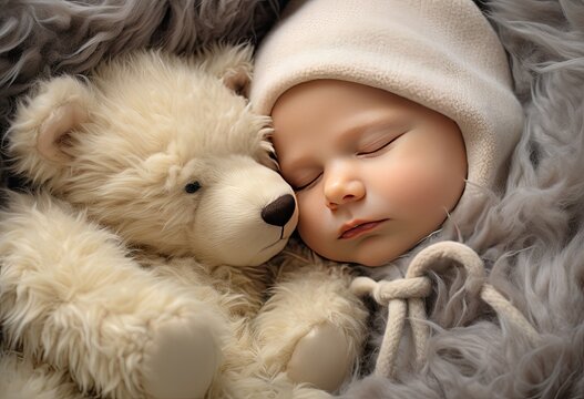 newborn baby sleeping on a fur blanket with ateddy 