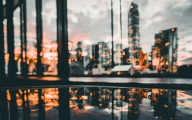 Reflection of buildings in the glass. Blurred background, bokeh
