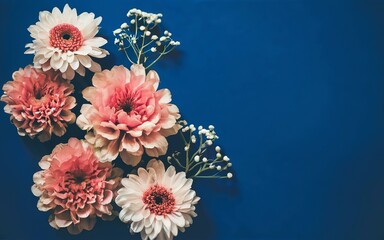Romantic flowers on blue background. minimal style