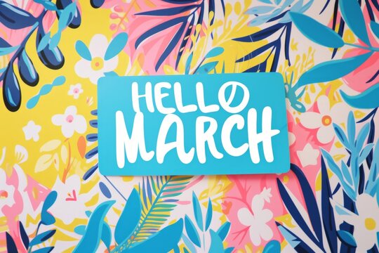 Hello March colorful floral banner Generative AI