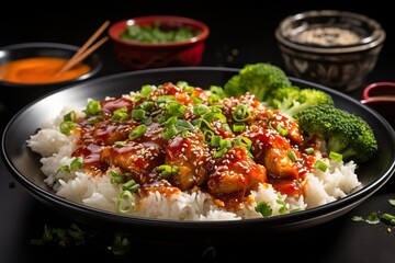 Fototapeta na wymiar minimalistic design Sweet and sour chili sauce chicken with rice in a plate