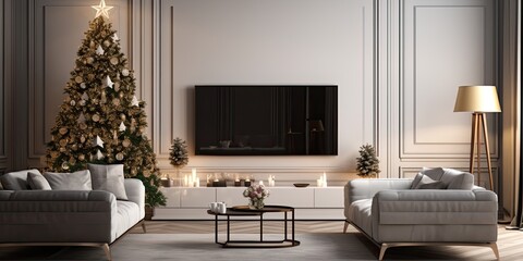 Fototapeta na wymiar TV set, Christmas tree, and fireplace in stylish living room.