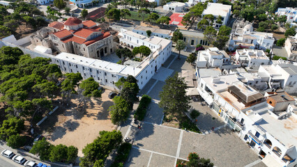 Aerial drone photo of famous Byzantine monastery of Ekatontapyliani in main village of Paros...