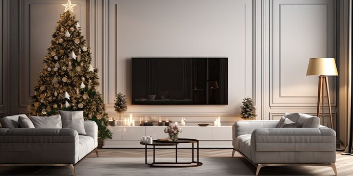 TV set, Christmas tree, and fireplace in stylish living room.