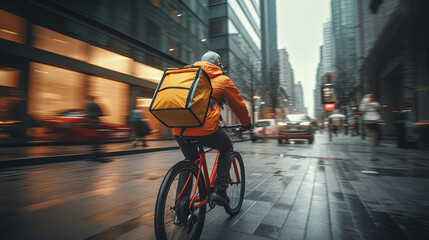 Focused delivery cyclist with a yellow thermal backpack, riding in a rainy cityscape amidst brisk traffic.