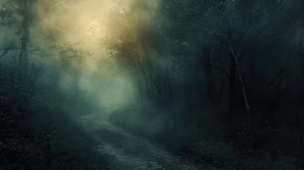 Foto op Plexiglas Mysterious dark forest with fog and sunlight © Олег Фадеев