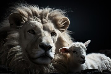 minimalistic design The Lion and the Lamb together. Image on black background created
