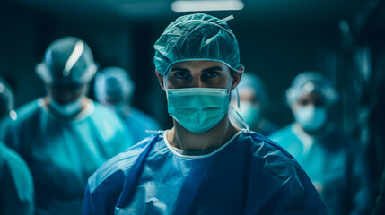  A photograph of a group of doctors in surgical gowns and masks ready to provide medical care. Collective medical skill and readiness of the medical team