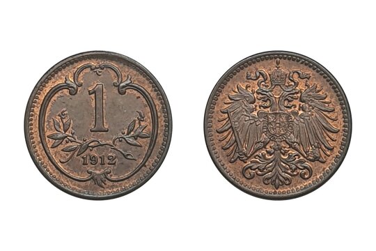1 heller 1912. Coin of Austrian Empire. Obverse The double headed imperial eagle with Habsburg-Lorraine shield on breast.  Reverse Value above sprays, date below, within curved stylised shield