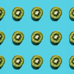 Fototapeta premium Generated image of a seamless pattern with kiwi fruit slices on blue background.