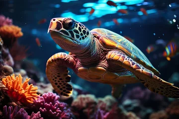  minimalistic design underwater coral reef with colorful fish and turtle. marine life, © Dipankar