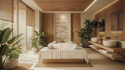 Calming Interior Of Spa With Greenery And Trees