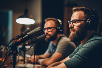 Picture of two men talking on live streaming. Concept of the podcast in the studio. People in headphones on, interview, broadcast, recording audio, online show