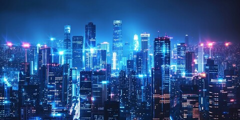 Fototapeta na wymiar a city skyline at night with illuminated buildings and digital displays.