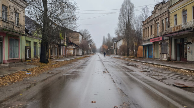 Abandoned Townscape: Desolate Streets with Derelict Buildings and a Lone Pedestrian on a Misty Day