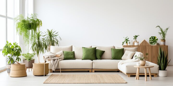 Modern Scandinavian home interior design with a chic living room featuring a comfortable sofa, mid-century furniture, cozy carpet, wooden floors, white walls, and green home plants.