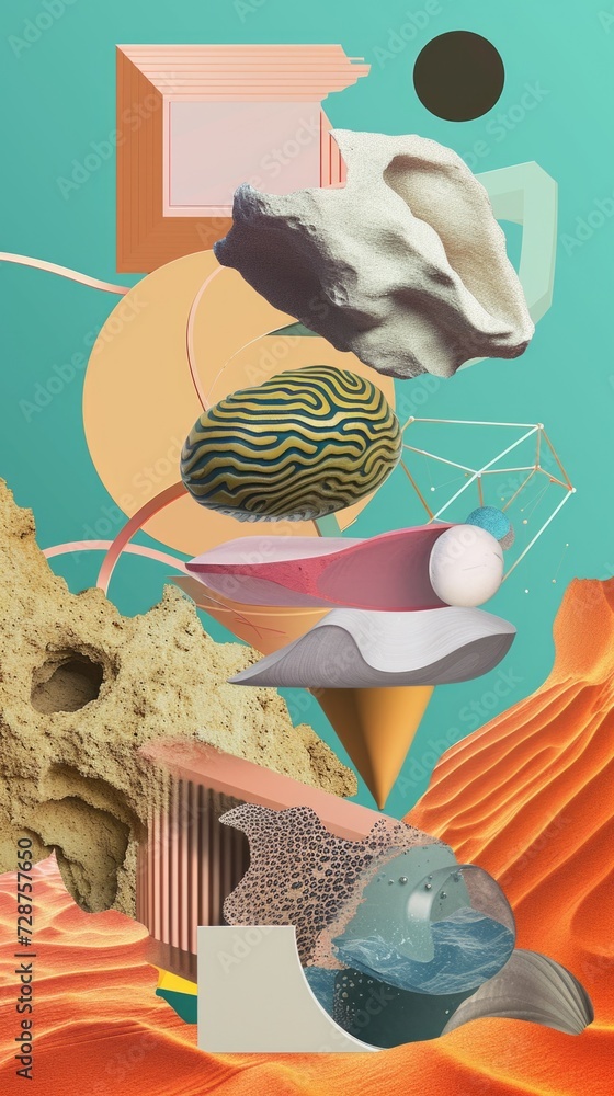 Poster a collage of various objects in a desert.