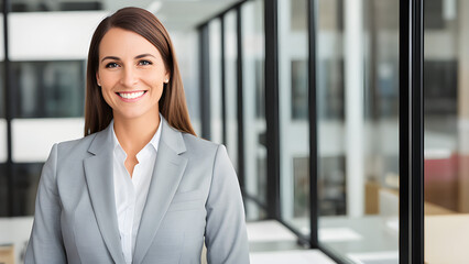Cheerful businesswoman, gray suit, office, no hands