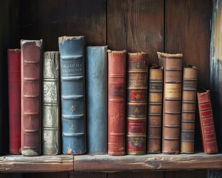 dusty old books in a shelf - ai-generated