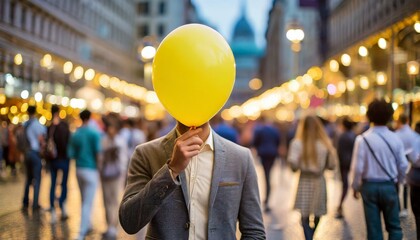 person with a balloon covering their face - obrazy, fototapety, plakaty