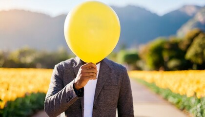 person with a balloon covering their face - obrazy, fototapety, plakaty
