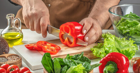 chef cooking food kitchen restaurant cutting vegetable salad. Clean eating, dieting, vegan food concept