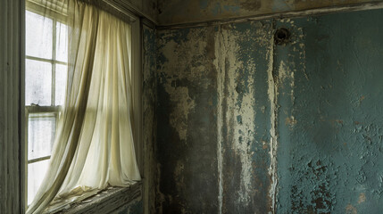 Ephemeral Light Through Forgotten Elegance: Tattered Curtains and Time-Worn Walls in Abandoned Homestead