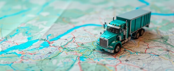  green truck with container riding  on a map. horizontal background, copy space for text, transportation and logistics concept