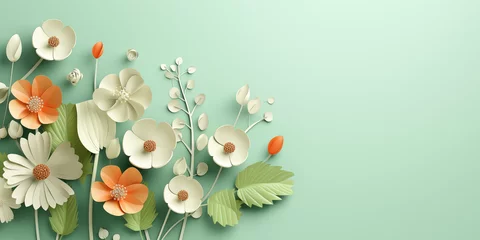 Foto op Canvas Hello Spring or summer banner with 3d flowers and leaves. Greeting card, invitation template. Modern banner poster, sale template green background © Елена Истомина