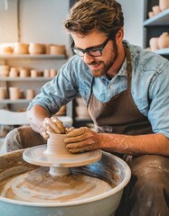 A potter shaping clay on a wheel, artisanal craftsmanship, with a focus on hands skillfully molding the material