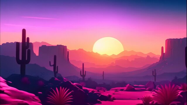 beautiful view from the top of the mountain with sunset. cartoon and anime style	
