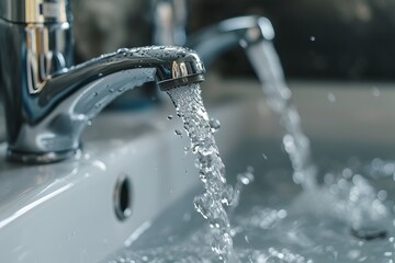 Close-up of a modern chrome faucet with water flowing, focus on water droplets, blurred background. Suitable for plumbing, hygiene, water saving, and environmental awareness content