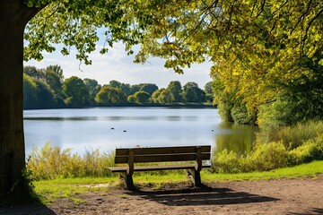 Fototapeta na wymiar A serene photo capturing the harmonious convergence of a solitary park bench nestled beside a majestic tree adjacent to a calm, reflective lake.