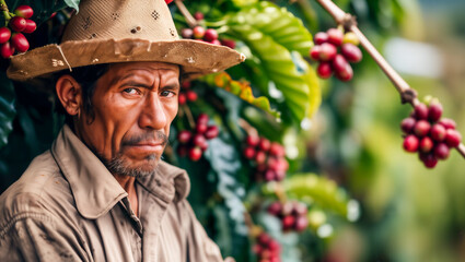 A coffee farmer in Colombia facing challenges as rising temperatures affect the quality and yield of coffee beans - obrazy, fototapety, plakaty