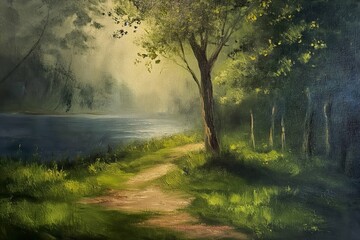 Obraz premium A mesmerizing painting capturing the essence of a serene path winding its way through natures beauty, culminating in a tranquil lake.