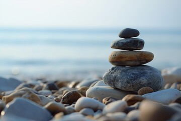 Fototapeta na wymiar A mesmerizing arrangement of rocks forms an ephemeral sculpture on a picturesque beach.