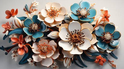 3d Flowers Sublimation, Salmon, Turquoise, Gold, Wrap, Pastel, flowers on a wooden background, bouquet of colorful roses, Created using generative AI