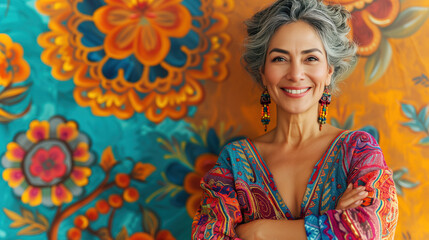 Portrait of a mature cheerful Mexican woman with a pleasant smile and arms crossed on her chest, isolated on Seamless Mexican ethnic pattern in the style of the Dia de los Muertos