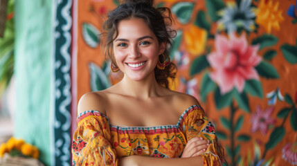 Portrait of a mature cheerful Mexican woman with a pleasant smile and arms crossed on her chest, isolated on Seamless Mexican ethnic pattern in the style of the Dia de los Muertos