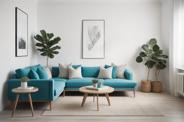 Fototapeta na wymiar Interior design of living room with turquoise armchair and wooden coffee table. White wall with copy space
