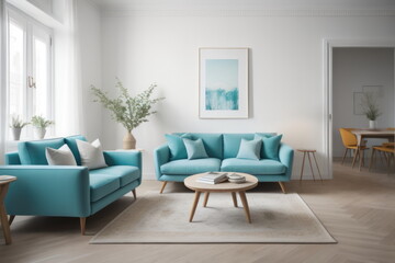 Interior design of living room with turquoise armchair and wooden coffee table. White wall with copy space