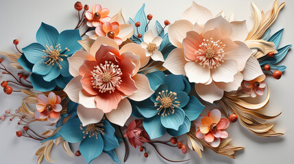 3d Flowers Sublimation, Salmon, Turquoise, Gold, Wrap, Pastel, flowers on a wooden background, bouquet of colorful roses, Created using generative AI