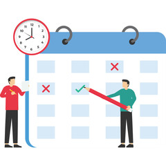 Planning strategy and time management. Planning schedules, business events, and calendar concepts. People with schedules, pens, and notes setting up meetings. Vector illustration in flat cartoon desig
