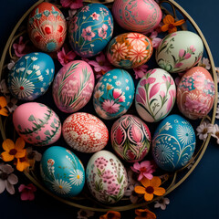 A basket filled with an abundance of brightly colored eggs. Demonstrates the Easter tradition of...