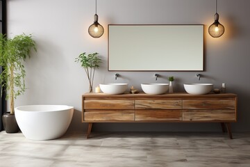 minimalistic design White and wooden bathroom with double sink