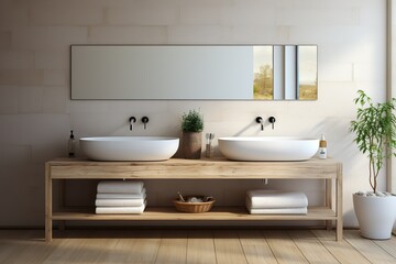Fototapeta na wymiar minimalistic design White and wooden bathroom with double sink