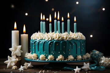 minimalistic design White birthday drip cake with teal ganache, star toppers and fun candles over dark blue background